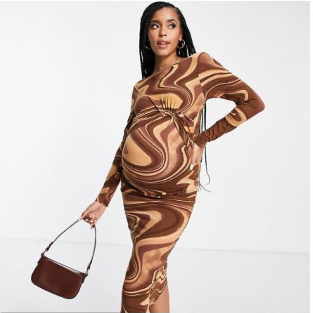 NWT ASOS MATERNITY BROWN/TAN LONG SLEEVE MIDI DRESS WITH FRONT KNOT & OPEN BACK